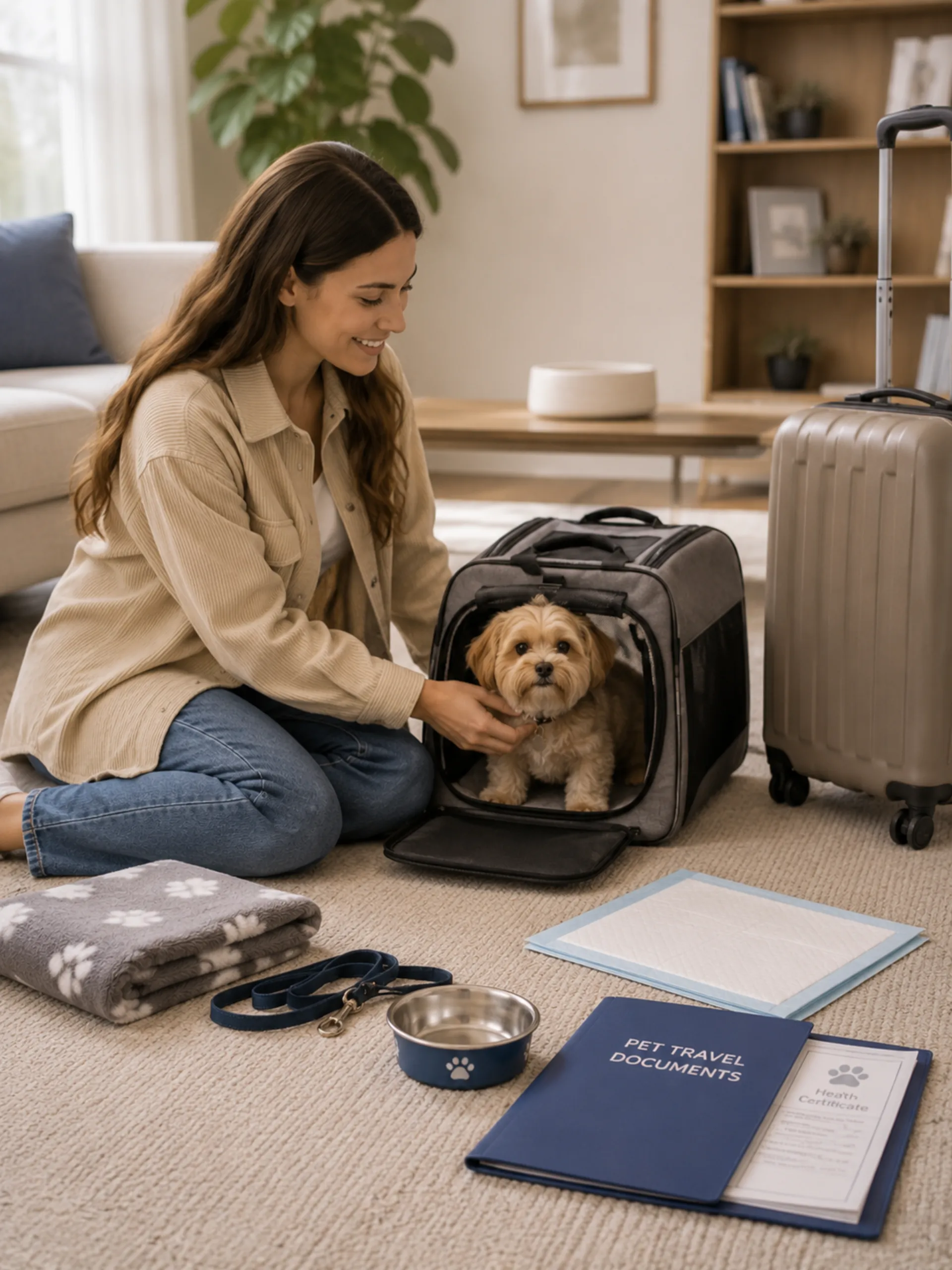 En eier hjelper forsiktig hunden sin med å bli komfortabel i transportburet hjemme før flygningen.