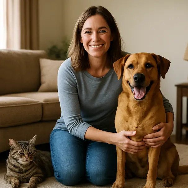 Kjæledyreier og pet carer møtes i stuen med en hund til stede