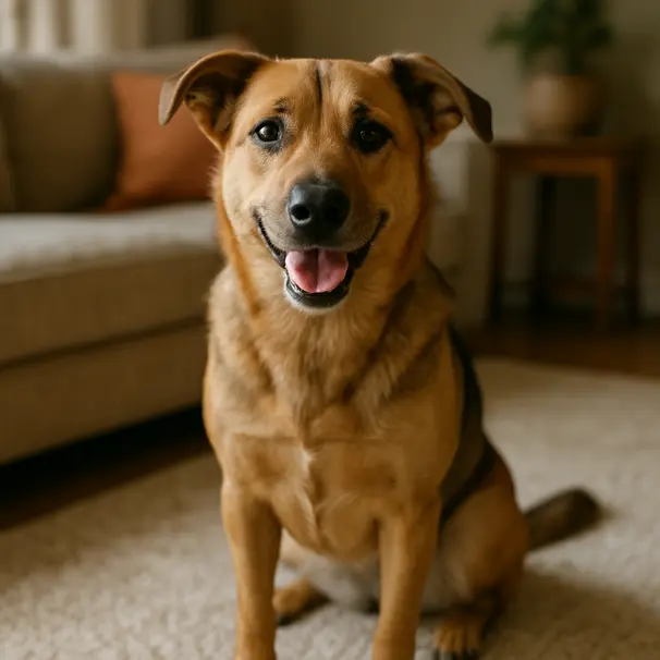 Person som forsiktig børster en golden retriever på et stueteppe
