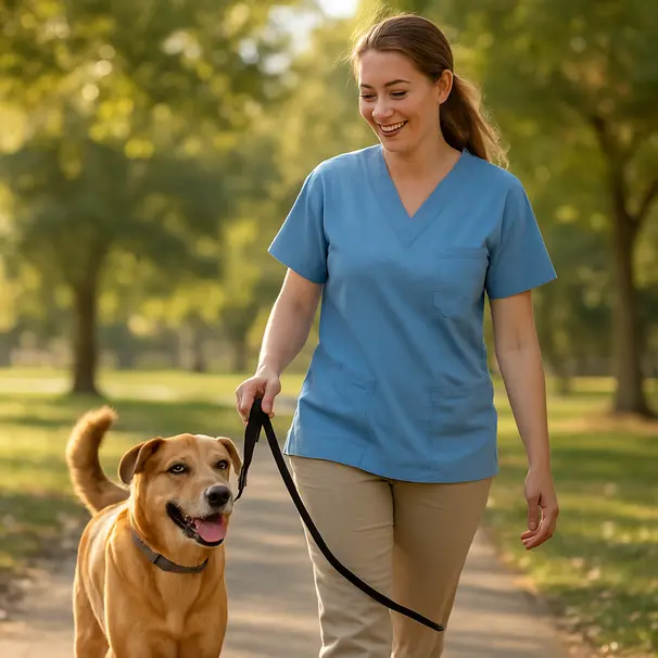 Pet carer leker med en hund i en trygg hage med leker og gjerde
