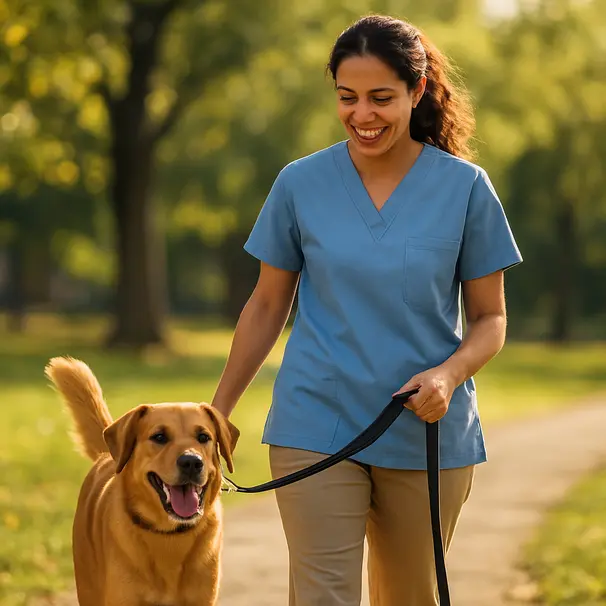 Eier overleverer instruksjoner og dokumenter til pet carer mens hund ser på i stuen