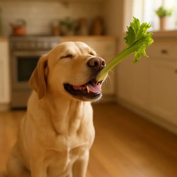 En mellomstor hund ved siden av en tallerken med kuttet selleri på en kjøkkenbenk