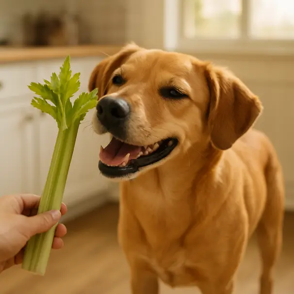 En glad hund som tygger en liten bit selleri i en stue