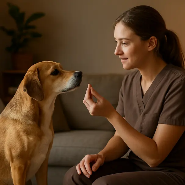 En rolig introduksjon hjemme mellom hund og carer