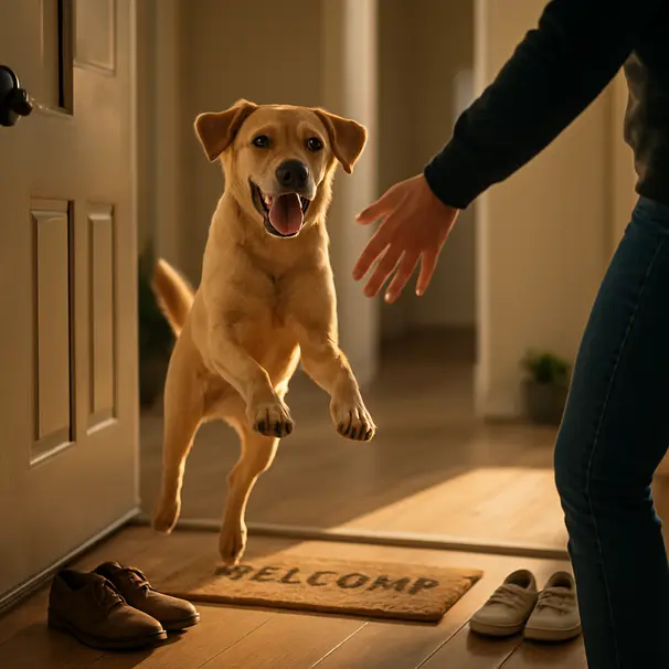 Een hond begroet enthousiast bij de voordeur.