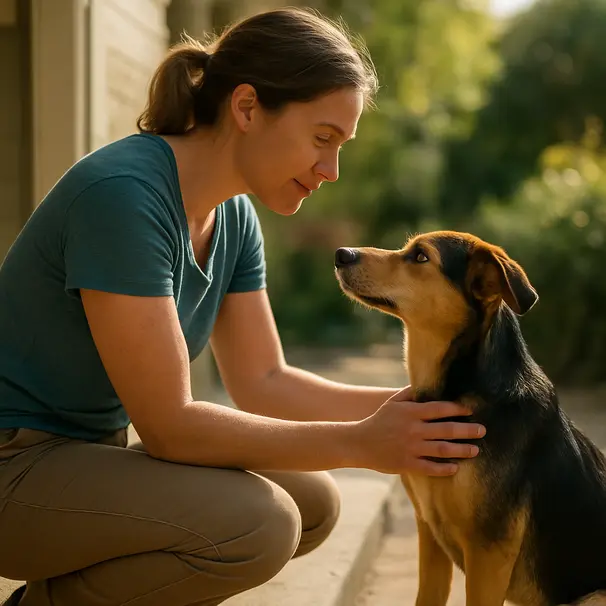 Introduksjon mellom pet carer og en nysgjerrig hund.