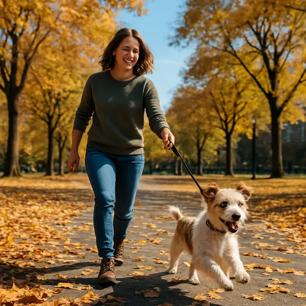 Dog sitter går med en hund i byparken.