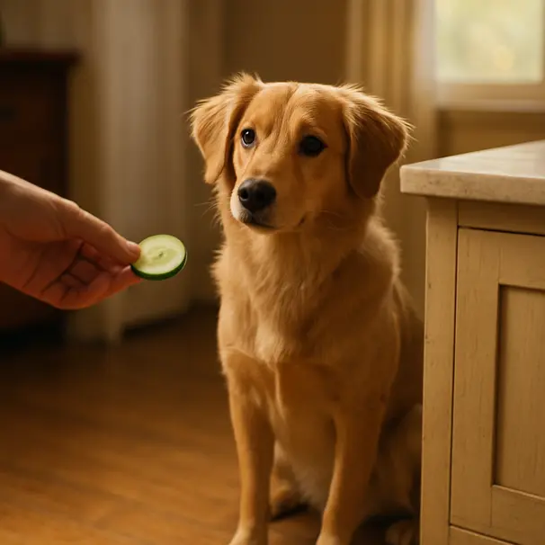 Een pup bekijkt nieuwsgierig een gesneden komkommersnack.
