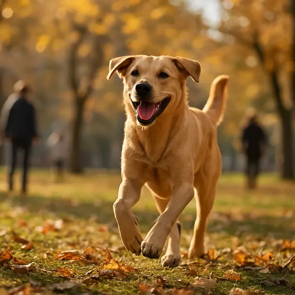 En leken hund logrer glad under en parktur.