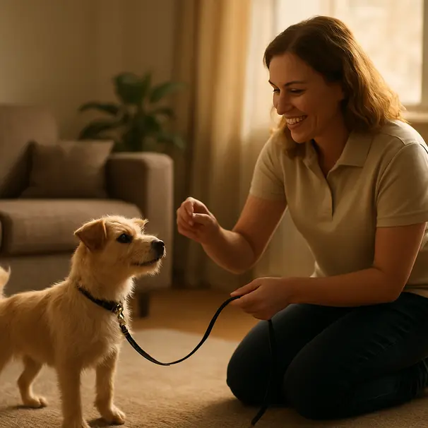 Et rolig møte mellom passer og en forsiktig hund.