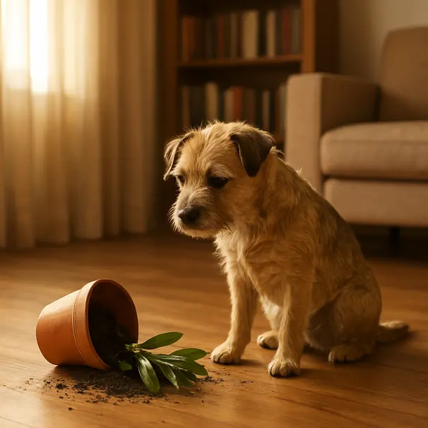 En hund ser bort etter å ha trukket oppmerksomhet i en stue.