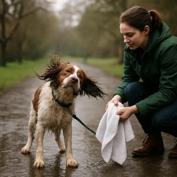 Drogen en inspecteren van oren na een natte wandeling.