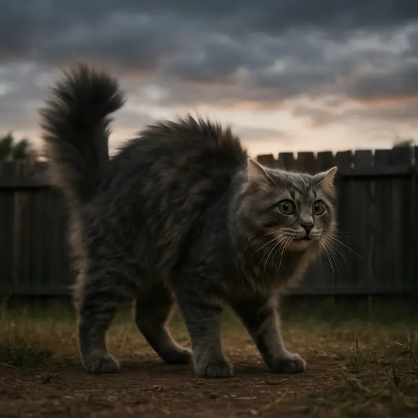 En stresset katt blåser opp halen for å se større ut.