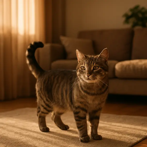 En selvsikker katt hilser med en høy, buet hale.