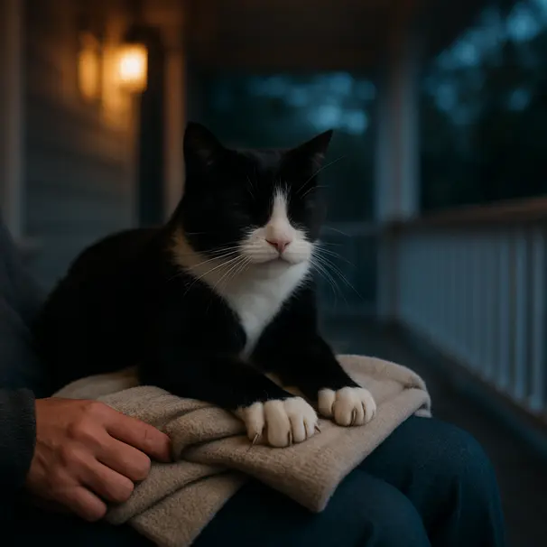 Tuxedo cat kneading a folded throw on a person's knees on an outdoor porch at dusk, warm lamp glow and cool evening sky