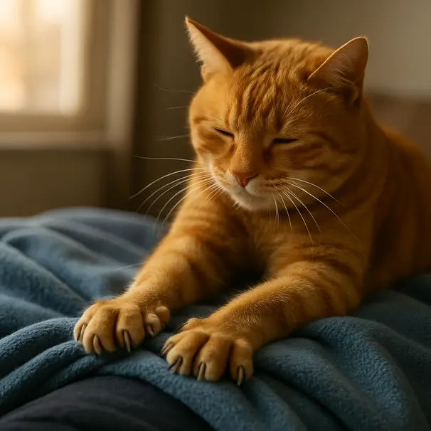 Ginger cat kneading on a person's lap indoors, pressing paws into a blue fleece blanket with sunlight streaming through a window