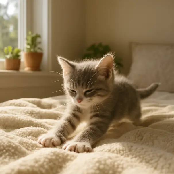 Gray-and-white kitten kneading a cream blanket on a sunny windowsill, fur glowing in warm sunlight with a cozy bedroom background