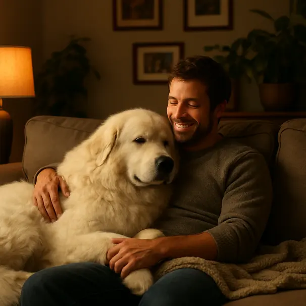 Large white Great Pyrenees leaning against a person on a living room sofa, warm lamp light, blanket, relaxed home environment