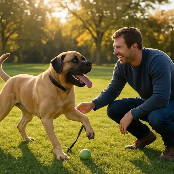 Large Mastiff in a sunny park greeting a crouched owner with a ball and leash, trees and grass in background