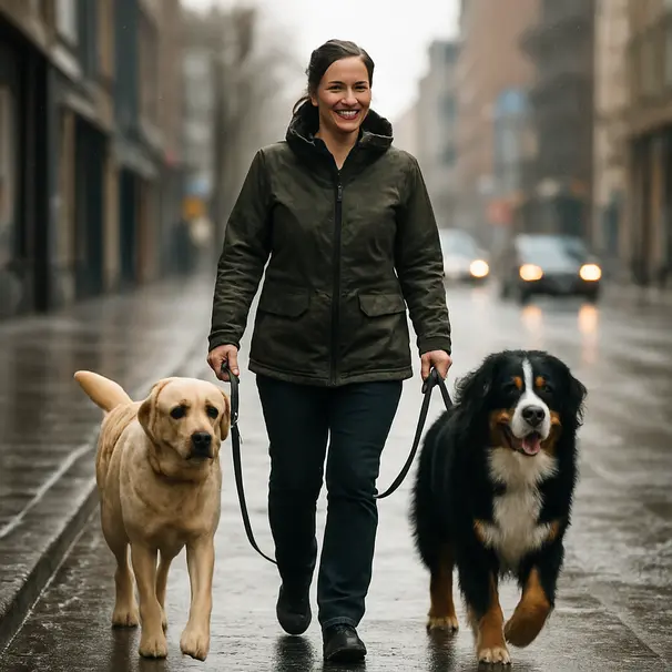 Pet carer walking a Labrador and a Bernese Mountain Dog on a wet city street, carer smiling, light drizzle and reflective pavement