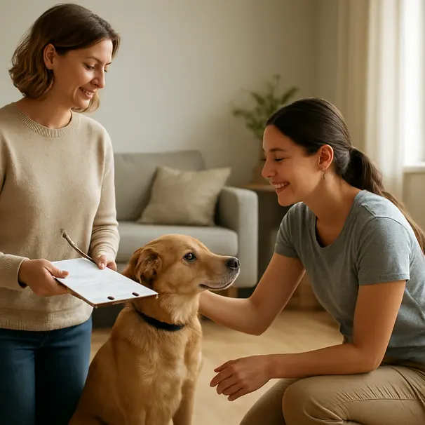 Pet owner introducing a calm dog to a smiling pet sitter in a bright living room, owner holding checklist, sitter kneeling to greet the dog