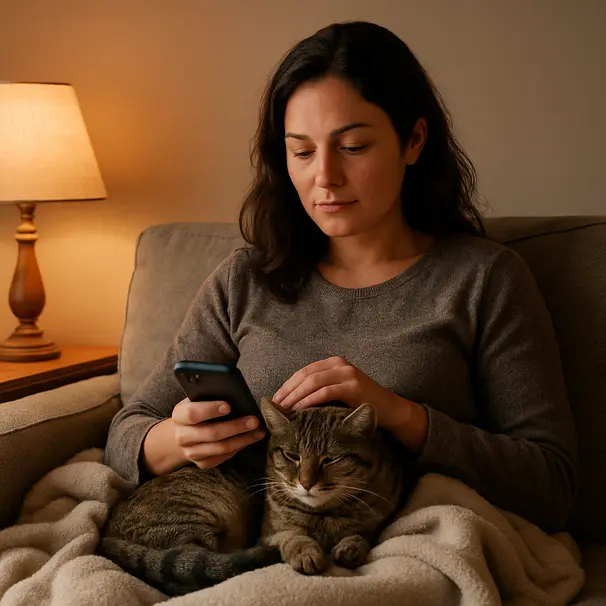 Pet sitter gently stroking a relaxed cat on a sofa with warm lamp light, sitter checking phone for owner's updates