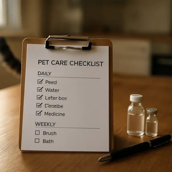 Clipboard with pet care checklist, pen and medication vials on a wooden kitchen table, cat tail blurred in background