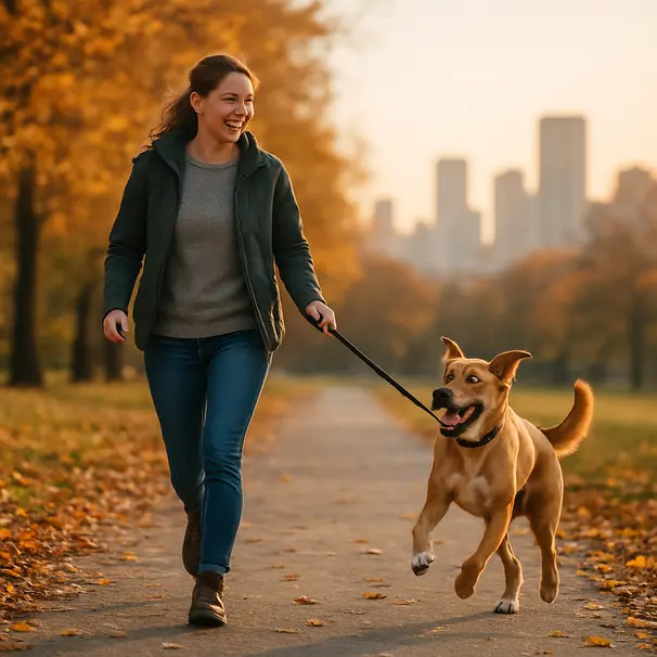 Pet sitter walking an energetic dog in an urban park during golden hour, autumn leaves and city skyline in background