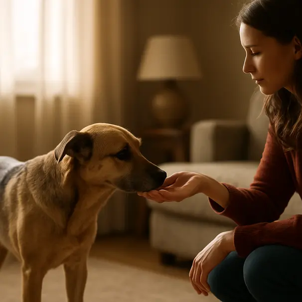 Dog meeting a pet sitter in a cozy living room, dog sniffing sitter's hand, morning light