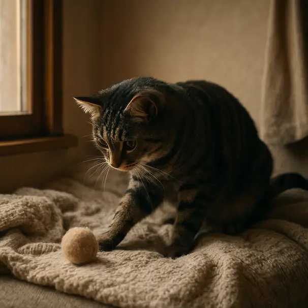 Striped tabby cat exploring a cozy corner with blanket and toy, evening light