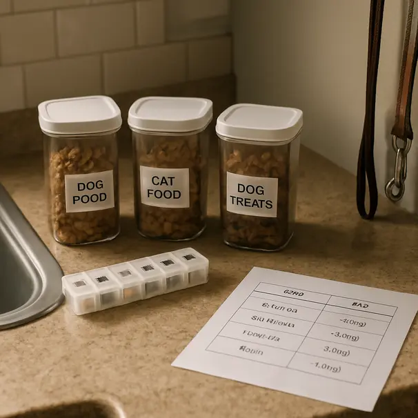 Kitchen counter with labeled pet food containers, pill organizer, feeding schedule and leash
