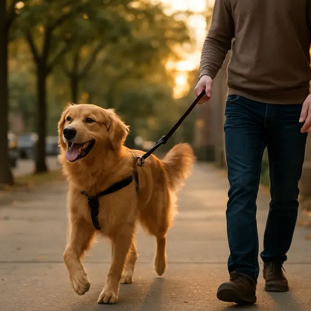 Dog walker walking a golden retriever on a tree-lined street at golden hour