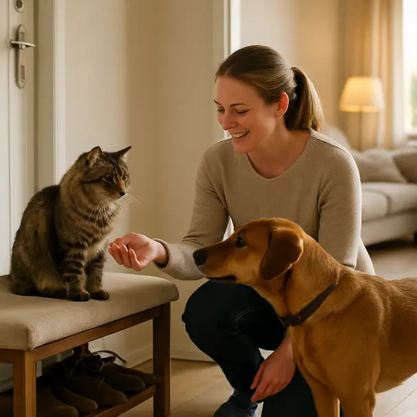 Pet carer kneeling at home entrance greeting a tabby cat and a brown dog, warm living room setting, morning light.
