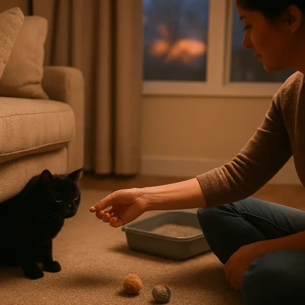 Pet carer offering a pill pocket to a shy black cat under a couch, indoor evening setting with toys and litter box visible.