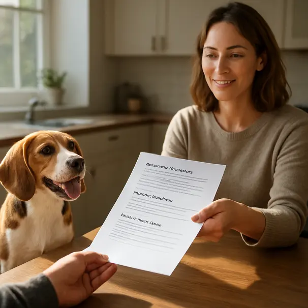 Pet owner handing a care folder with schedules and emergency contacts to a sitter at a sunlit kitchen table while a beagle sits nearby.