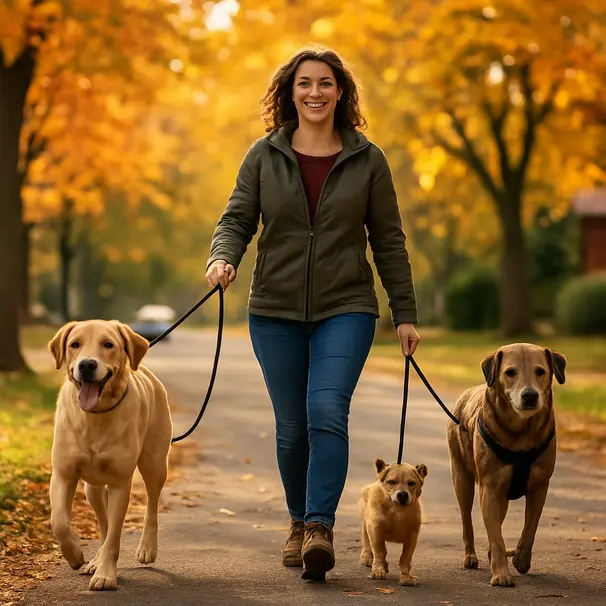 Dog walker on a suburban street walking three different-breed dogs in autumn light, leash handling visible.