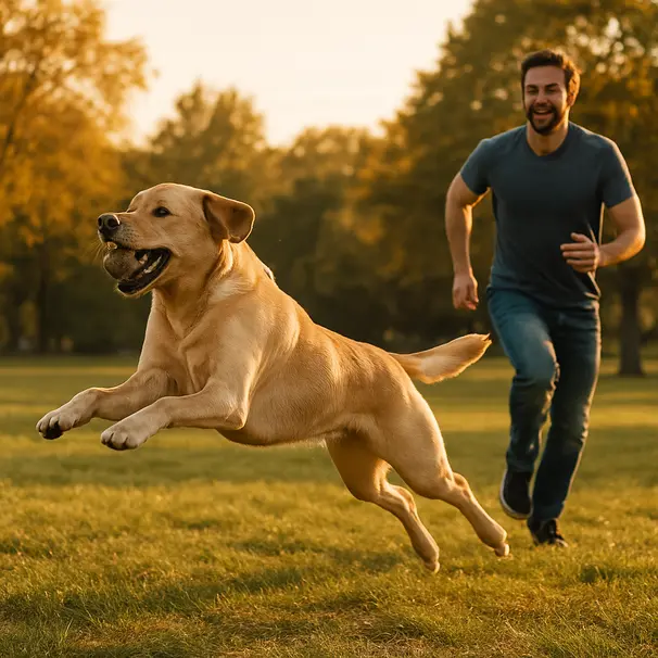 Golden Labrador mid-leap catching ball in sunlit park, owner running.