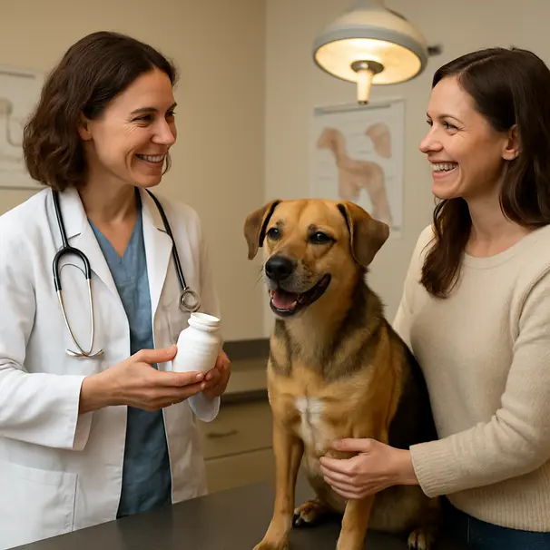 Veterinarian explaining supplement options to owner beside calm dog on exam table.