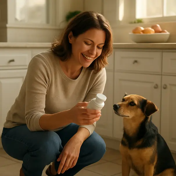 Owner reading vitamin bottle label in a bright kitchen, small mixed-breed dog sitting nearby watching.