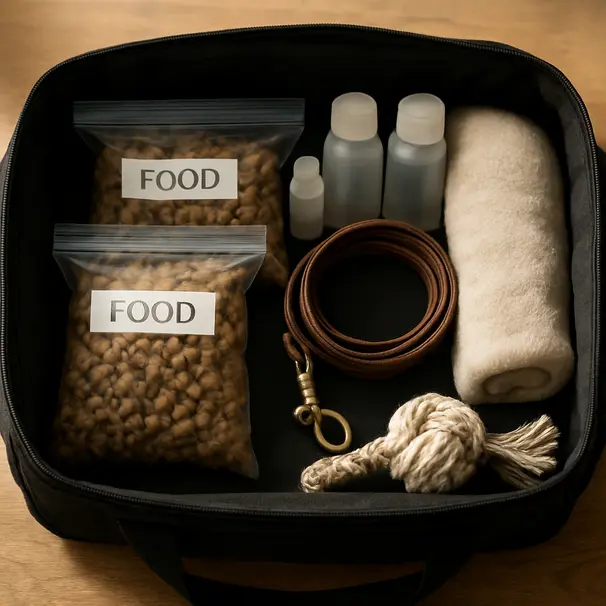 Top-down view of an organized pet bag with labeled food packs, medications, blanket, leash and toy on a wooden table