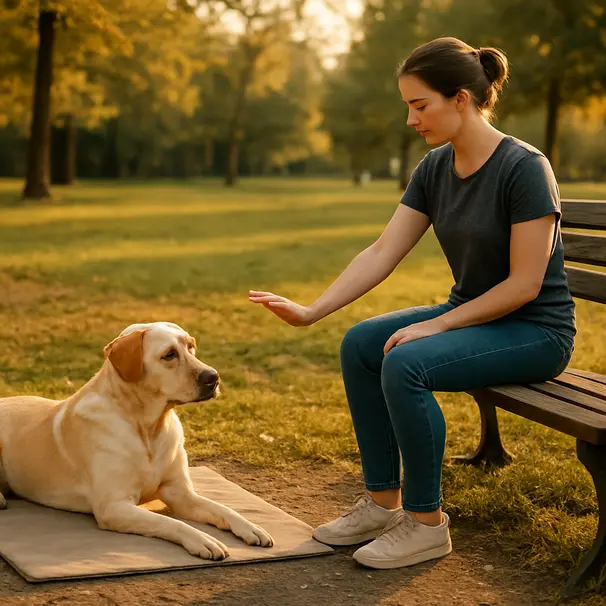 Pet carer practicing a short separation exercise with a labrador on a mat in a park during golden hour, carer seated on bench