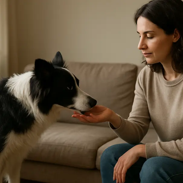 Border collie sniffing a pet carer's hand in a cozy living room, afternoon light, couch in background