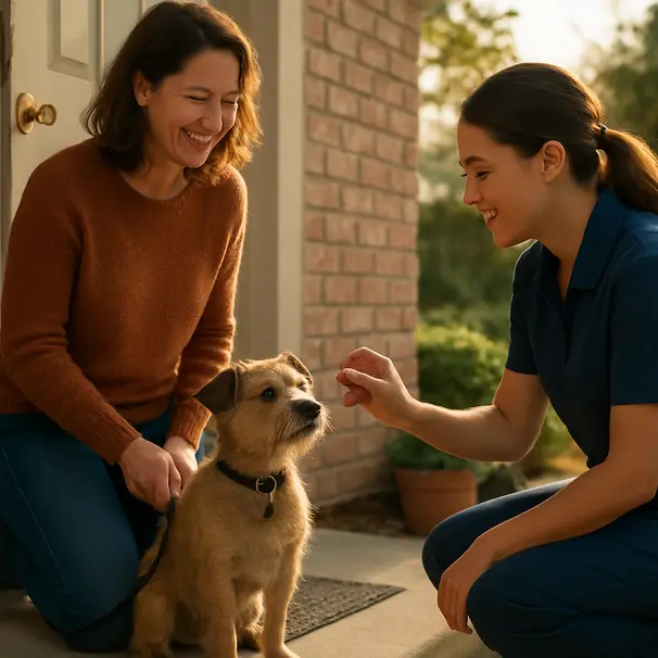 Pet owner introducing a small mixed-breed dog to a kneeling pet carer at a doorstep, morning light, owner smiling, carer offering treat