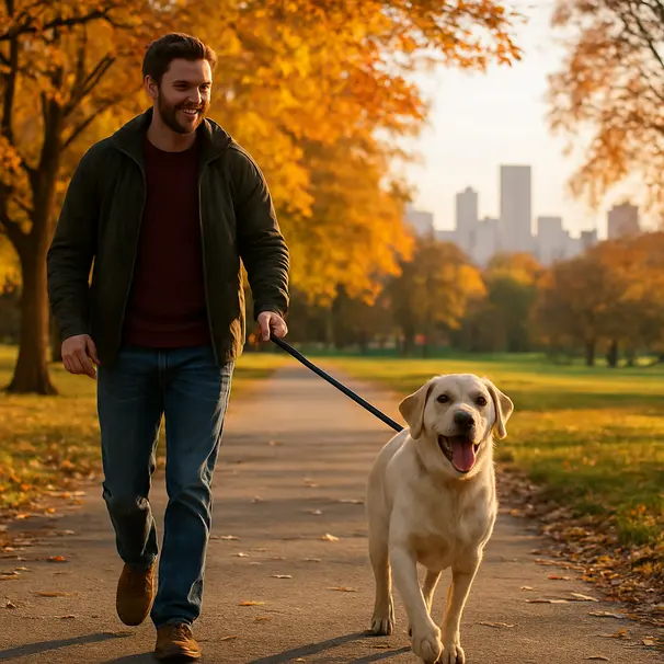 Dog walker walking a joyful Labrador on a tree-lined park path during golden hour with colorful foliage