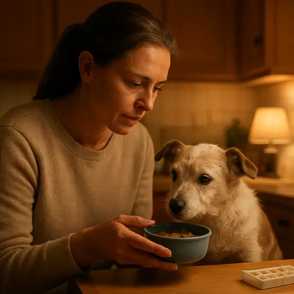 Pet carer feeding a small elderly dog at home in a warm kitchen with medication tray visible and gentle lighting