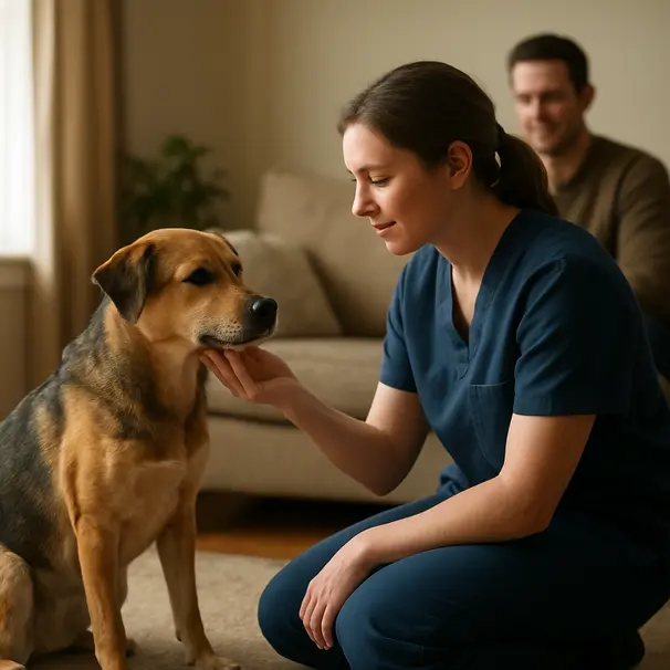 Pet carer meeting a medium mixed-breed dog in a cozy living room with the owner present, calm interaction