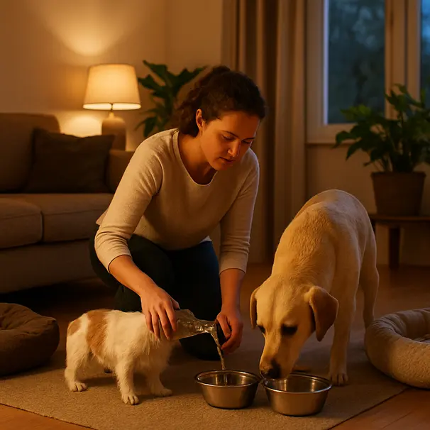 Pet carer refilling two bowls while a small terrier and a Labrador drink in a cozy living room at dusk.