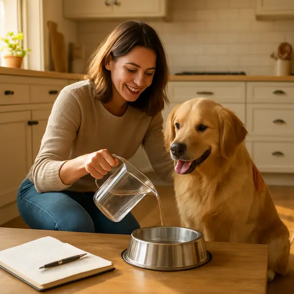 Owner pouring measured water into a stainless steel bowl for a golden retriever while a notebook records intake in a sunlit kitchen.