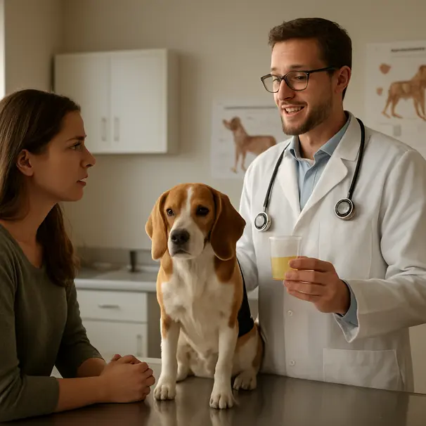 Veterinarian holding a urine sample as the owner listens and a calm beagle sits on the exam table in a bright clinic room.