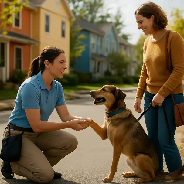 Pet carer kneels to greet a mixed-breed dog on a neighborhood street while the owner watches, sunny daytime outdoors